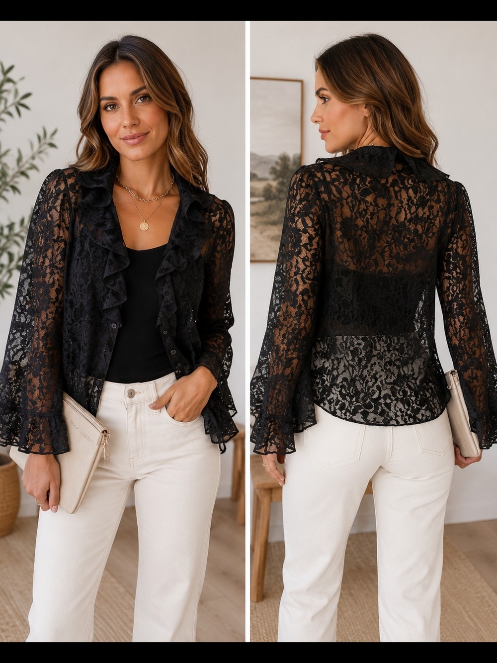 Vintage Black Lace Ruffle Button-Front Blouse